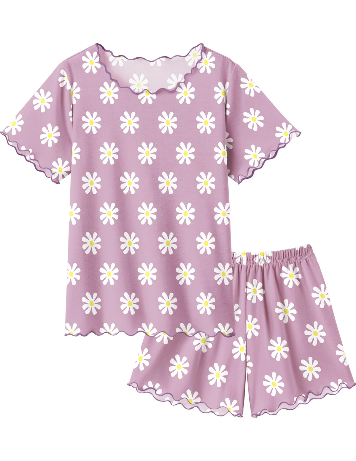Arshiner Girls Pajama Set Short Sleeve Lounge Set Soft Shirring Summer Sleepwear Pj Sets, Purple Flowers, 56 Years