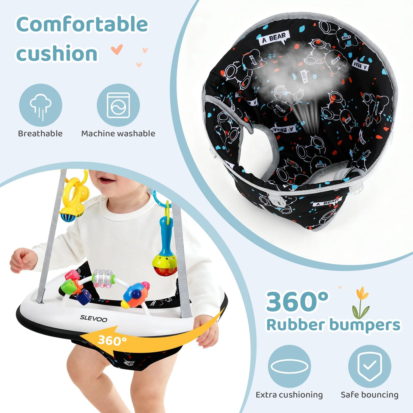 Slevoo Baby Jumper, Baby Door Jumper with Bumper, Play Tray and Two Jingle Rattles, Quiet Bear