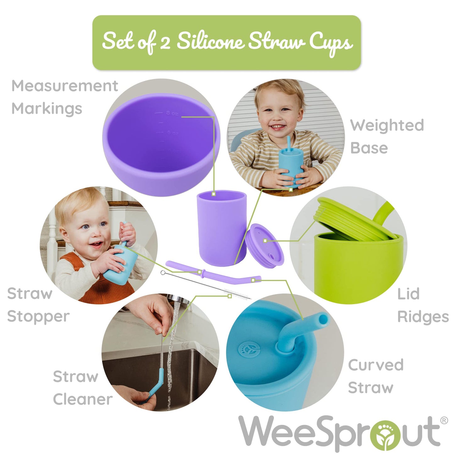 Weesprout Silicone Baby Cups With Straws And Lids, 4 & 8 Oz Options, Set Of 2, Food Grade Toddler Training Container, Built In S