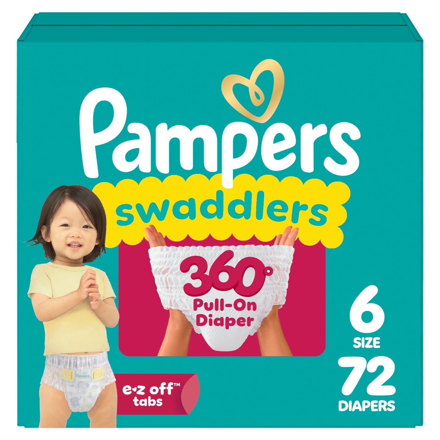 Pampers Diapers - Swaddlers 360 - Size 6, 72 Count, up to 100% Leakproof Comfy Dry Fit, Designed for Easy Changes, Pull On Baby 