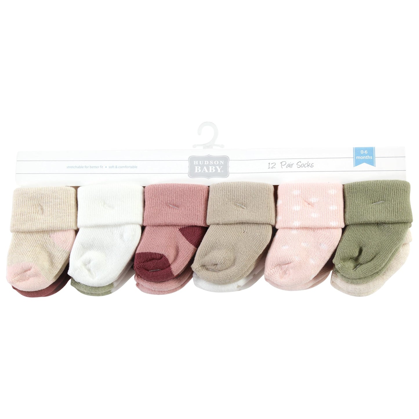 Hudson Baby Unisex Baby Cotton Rich Newborn And Terry Socks, Mauve Sage Dot, 6-12 Months