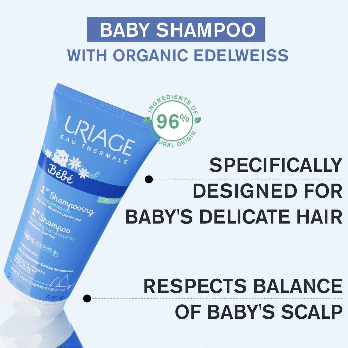 Uriage Baby 1St Shampoo With Organic Edelweiss | Leaves Hair Soft & Supple, 96% Ingredients Of Natural Origin, Tear-Free, Soap-F