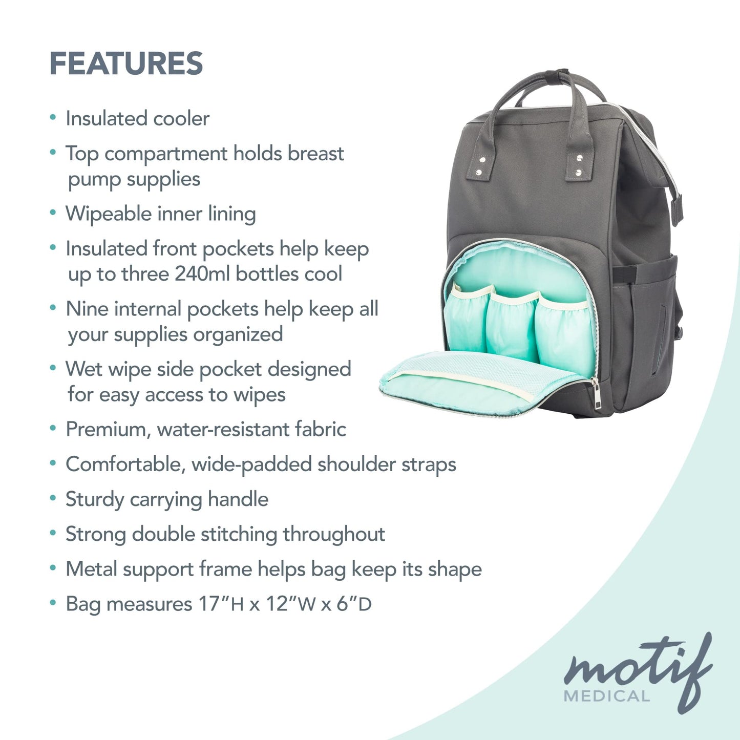 Motif Medical, Maternity Backpack, Insulated Nursing Bag For Breast Pump, Breast Milk, Feeding Bottle - Grey