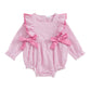 Newborn Baby Girl Fall Outfit Striped Ruffle Long Sleeve Romper Bodysuit Smocked Bubble Clothes (Pink, 12-18 Months)