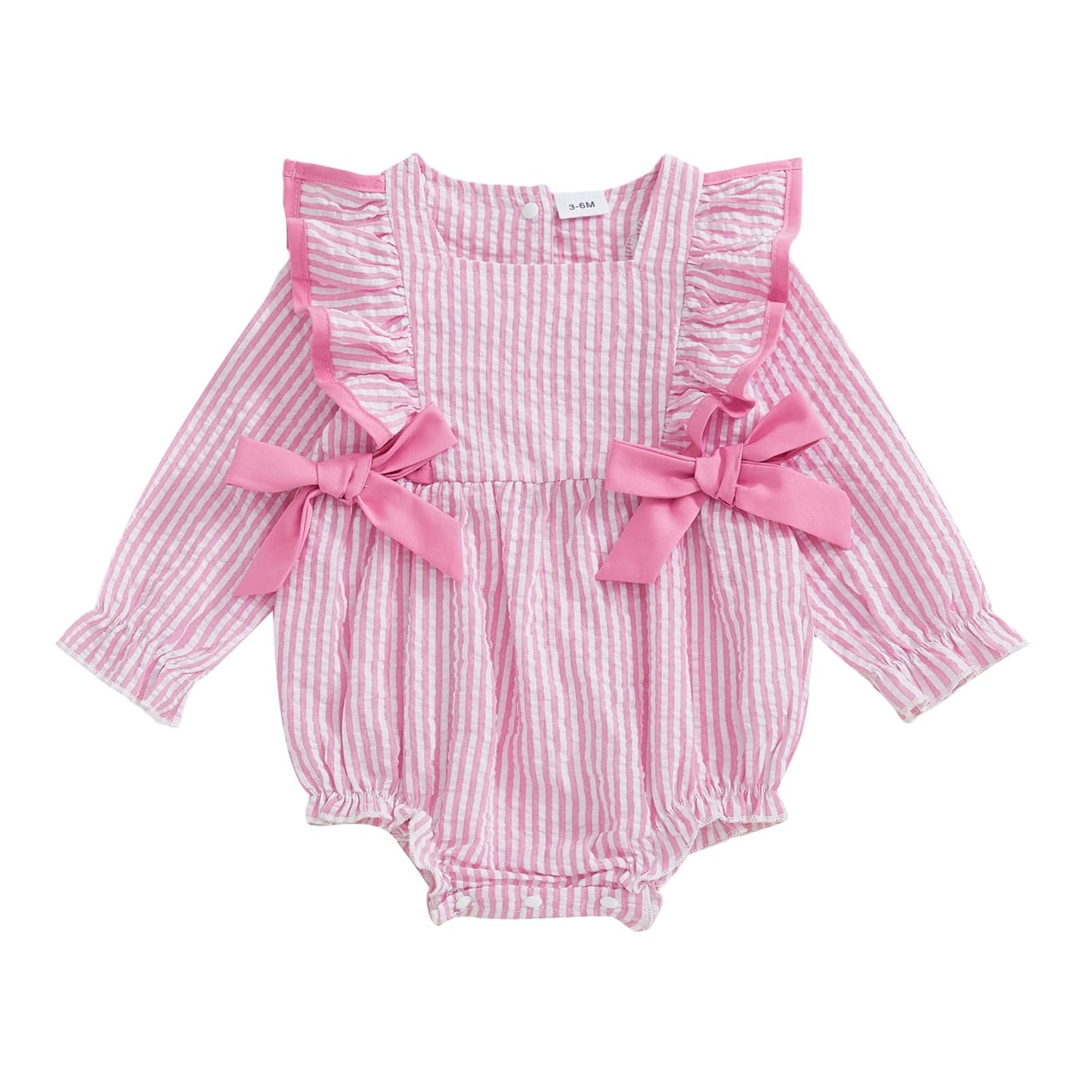 Newborn Baby Girl Fall Outfit Striped Ruffle Long Sleeve Romper Bodysuit Smocked Bubble Clothes (Pink, 12-18 Months)