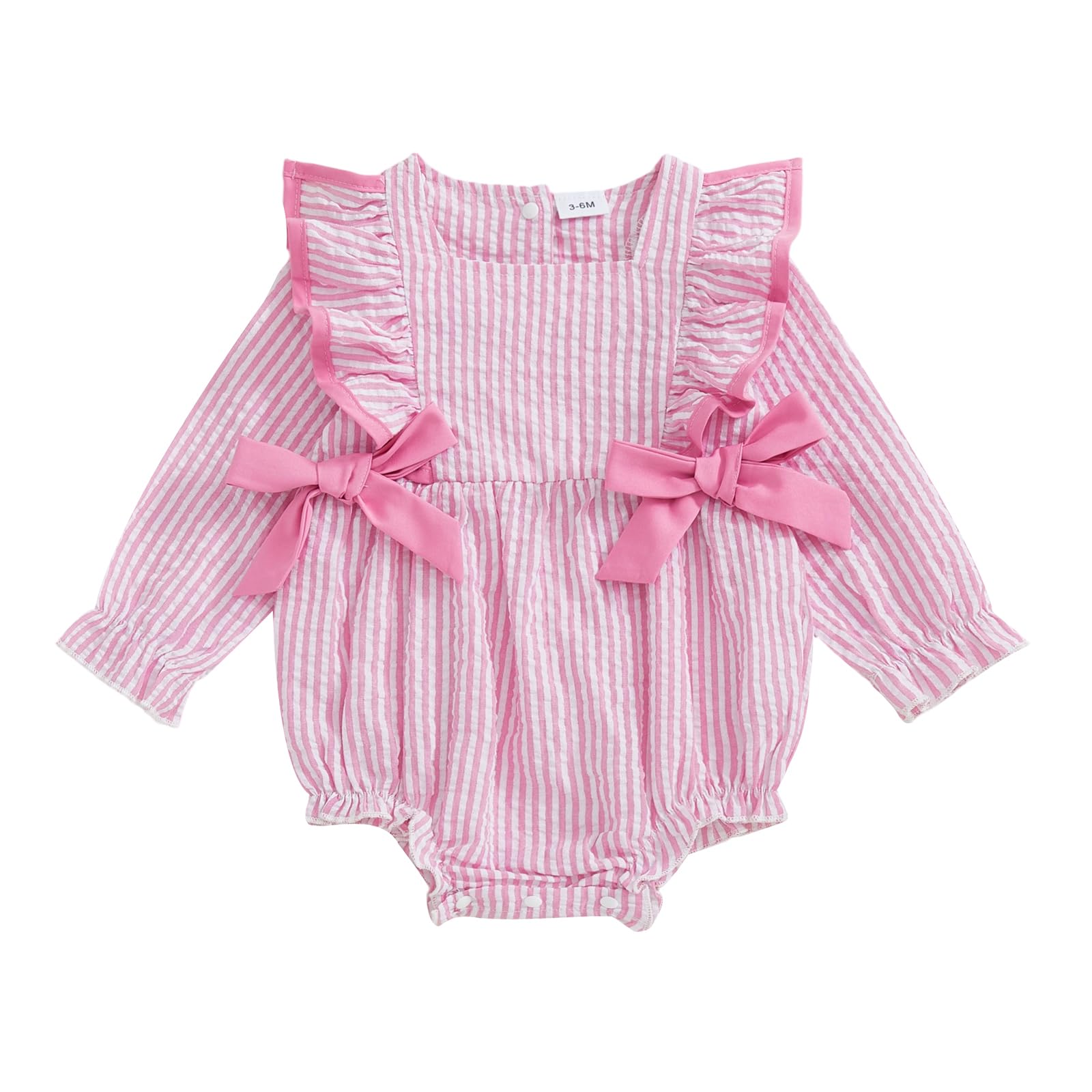 Newborn Baby Girl Fall Outfit Striped Ruffle Long Sleeve Romper Bodysuit Smocked Bubble Clothes (Pink, 12-18 Months)