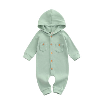 Ynibbim Winter Newborn Baby Boy Girl Solid Romper Unisex Infants Hooded Outfit Clothes Waffle Cotton Button Jumpsuits (Bean Gree