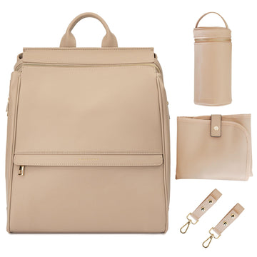 Mia + Sophia Leather Diaper Bag Backpack With Usb Charging Port, Changing Pad, Stroller Straps, And Bottle Holder(Beige Sophia)