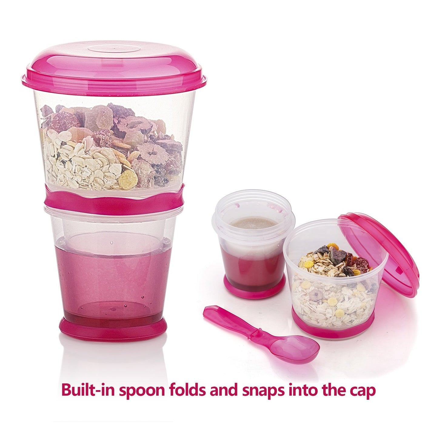 Inogih Cereal On The Go Cups Breakfast-Portable Drink-Cup Cereal To-Go Container-Cup With Spoon (Pink)
