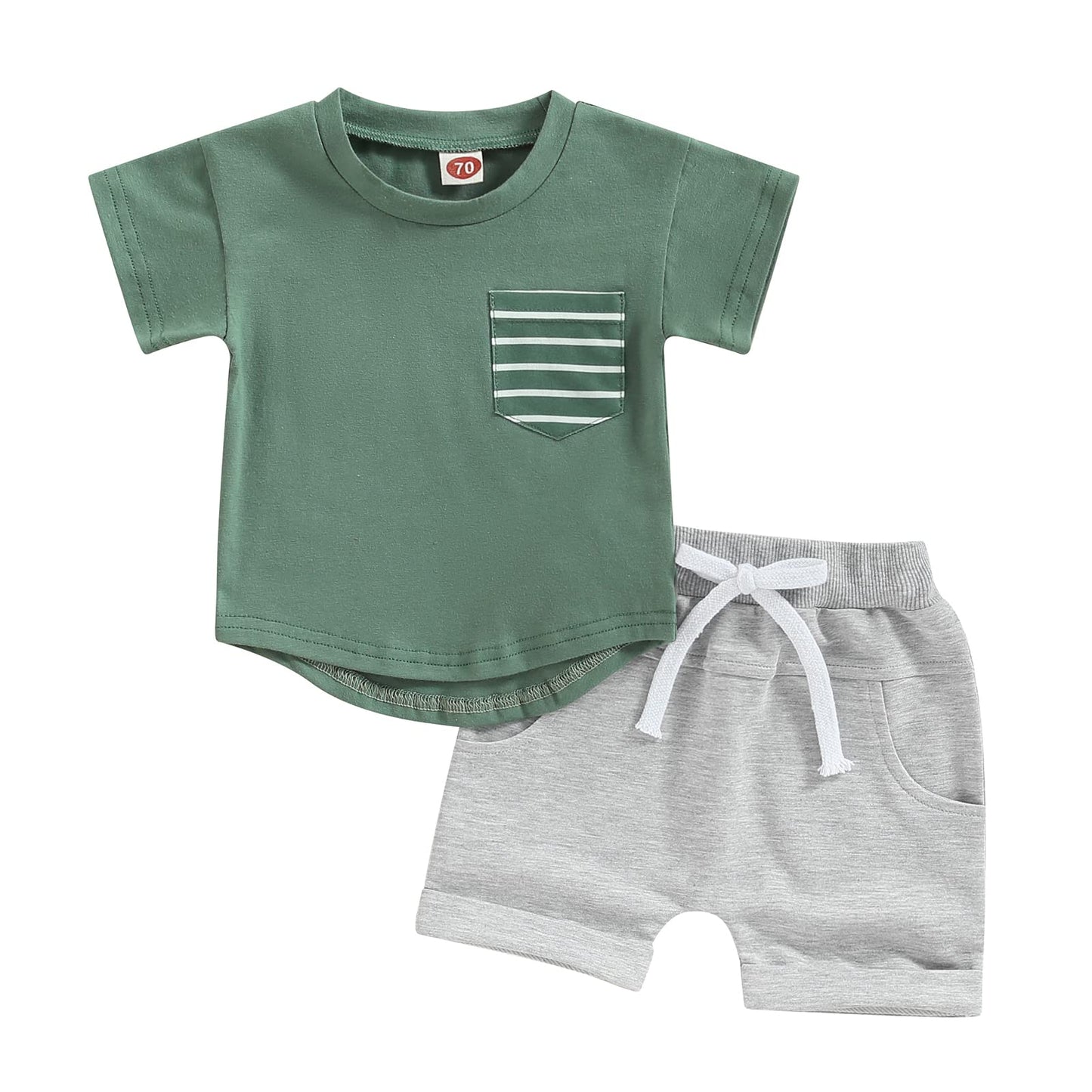 Adobabirl Toddler Baby Boy Summer Clothes Short Sleeve Striped Pocket Tshirt Top Solid Shorts Set Casual Outfits (A-Green,0-6 Mo