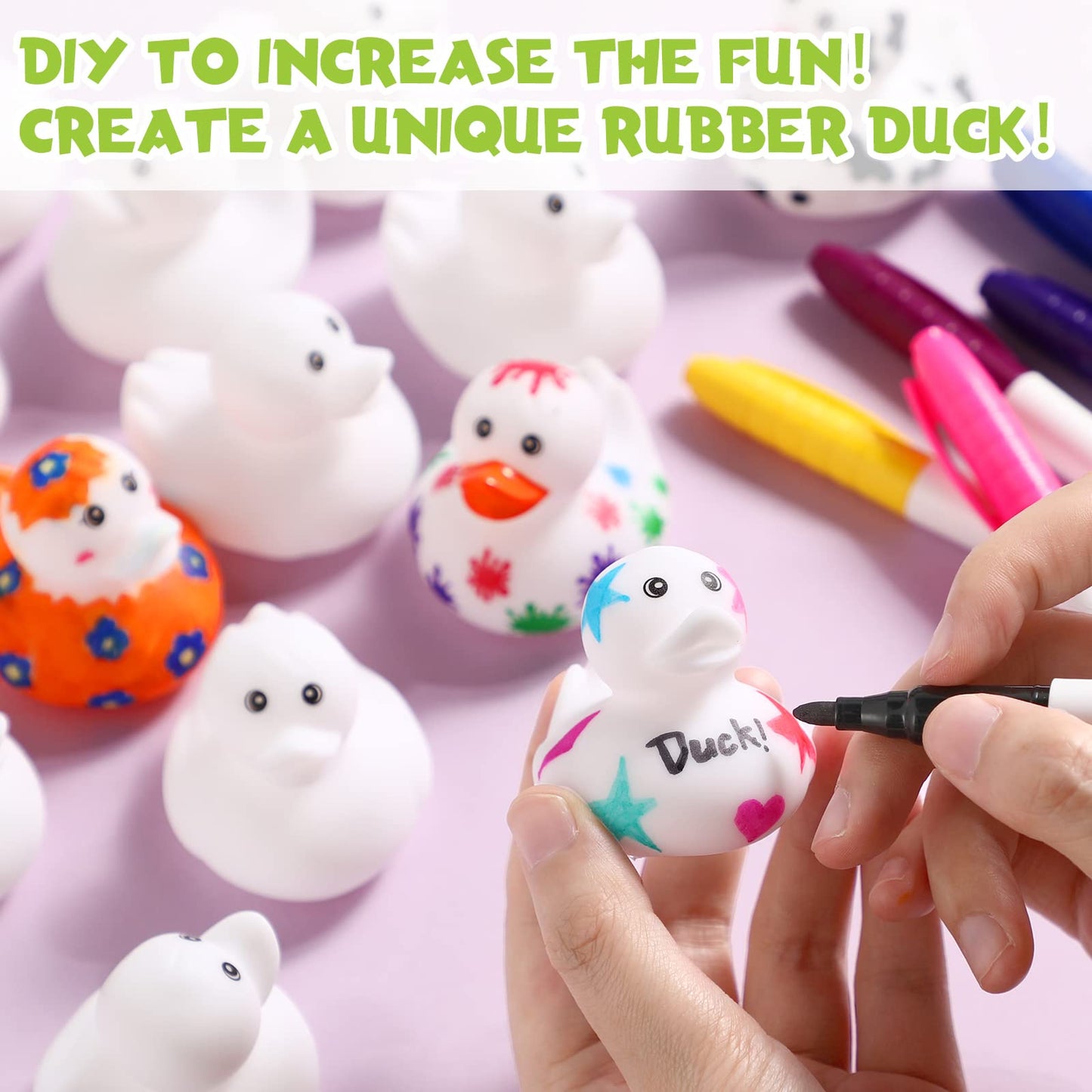 Jerify 12 Pcs 2 Inch White Blank Rubber Ducks Creative Rubber Ducks with Pens of 12 Colors for Pool Bathtub Float Cute Easter DI