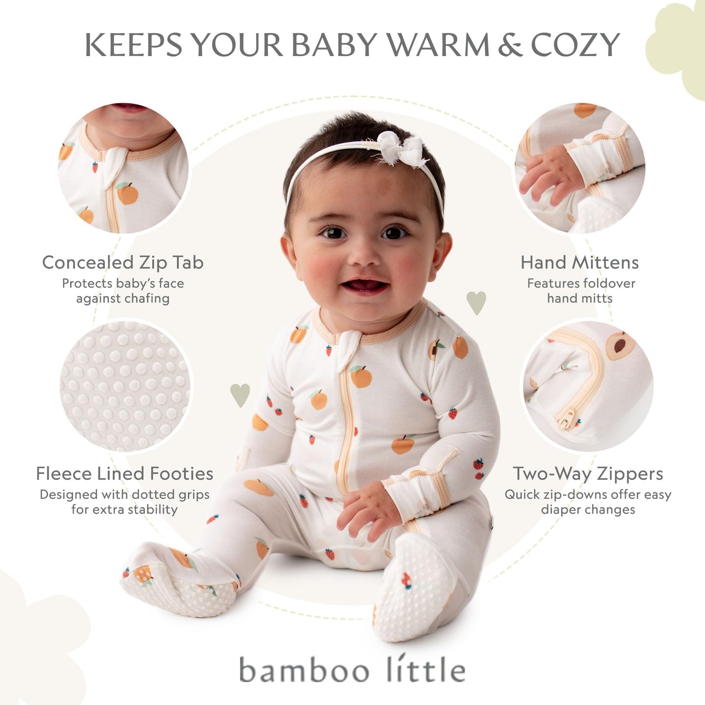 Peaches Footie For Baby - 95% Viscose Made From Bamboo, 5% Spandex - Imported (9-12 Months)