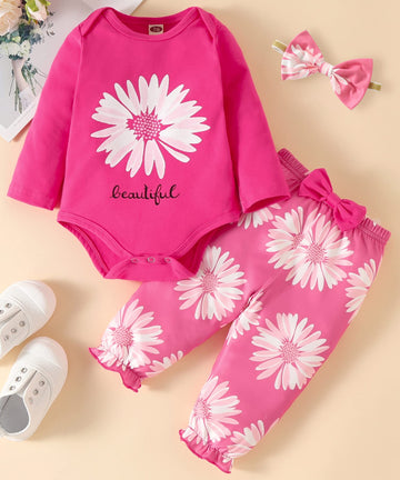 Fullfamous Baby Girl Clothes Gifts Outfits,Fall Winter Long Sleeve Romper And Pant Set Raspberry Sunflower Newborn