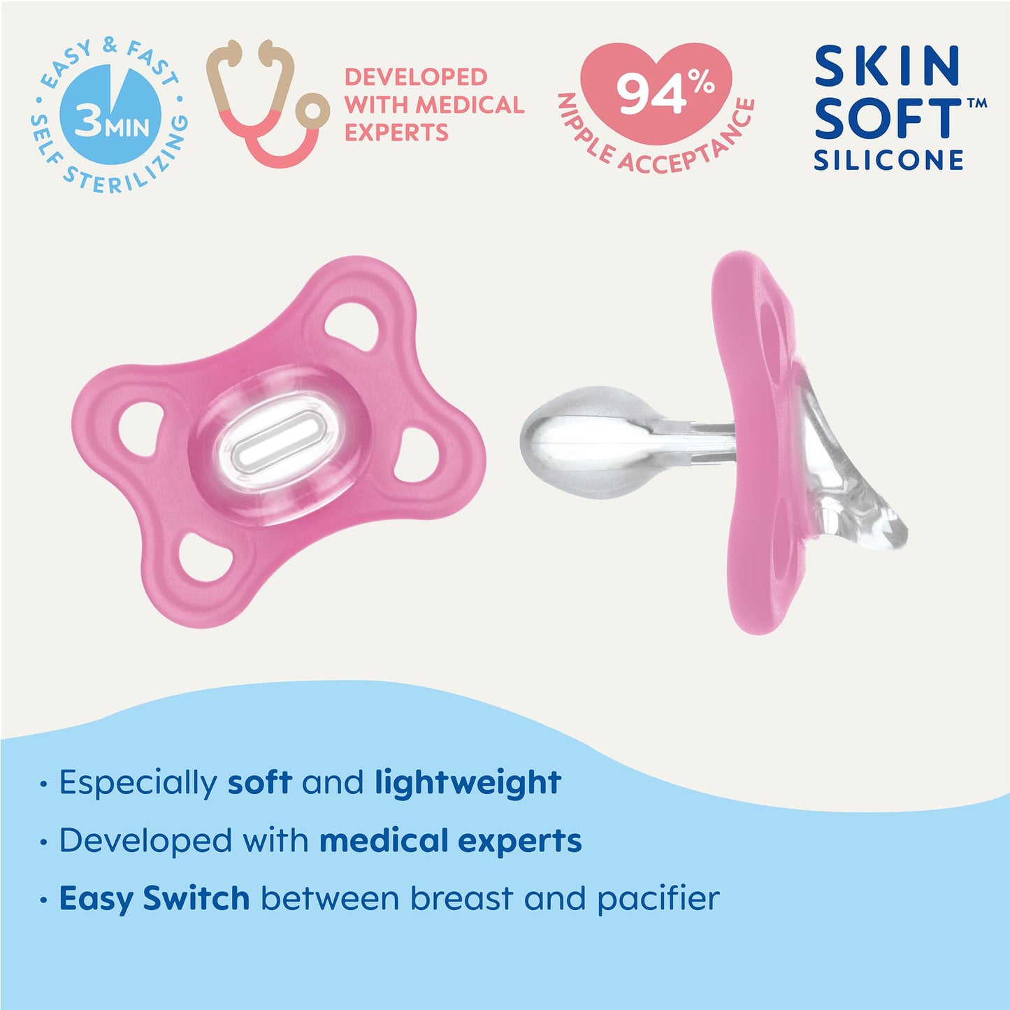 Mam Comfort Baby Pacifier, 100% Lightweight Silicone Pink/Purple/Blue (4 Count)