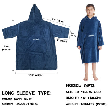 Hiturbo Kids Towel Changing Robe: Soft Plush Wearable Blanket - Warm Coral Fleece Hoodie - Swim Surf Poncho For 5-12 Years (Navy