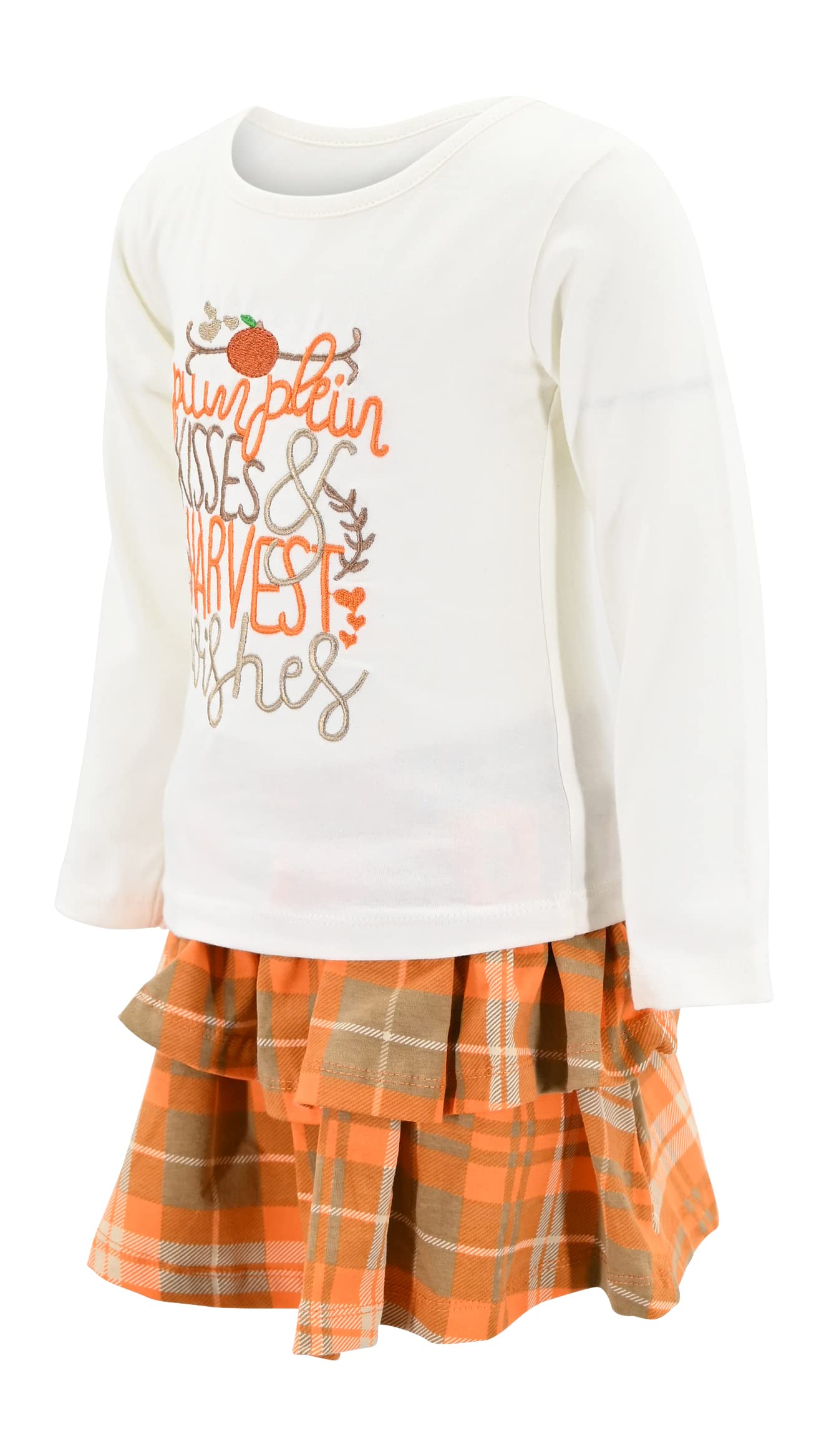 Unique Baby Girls Pumpkin Kisses Plaid 2 Piece Fall Thanksgiving Skirt Set (3T)