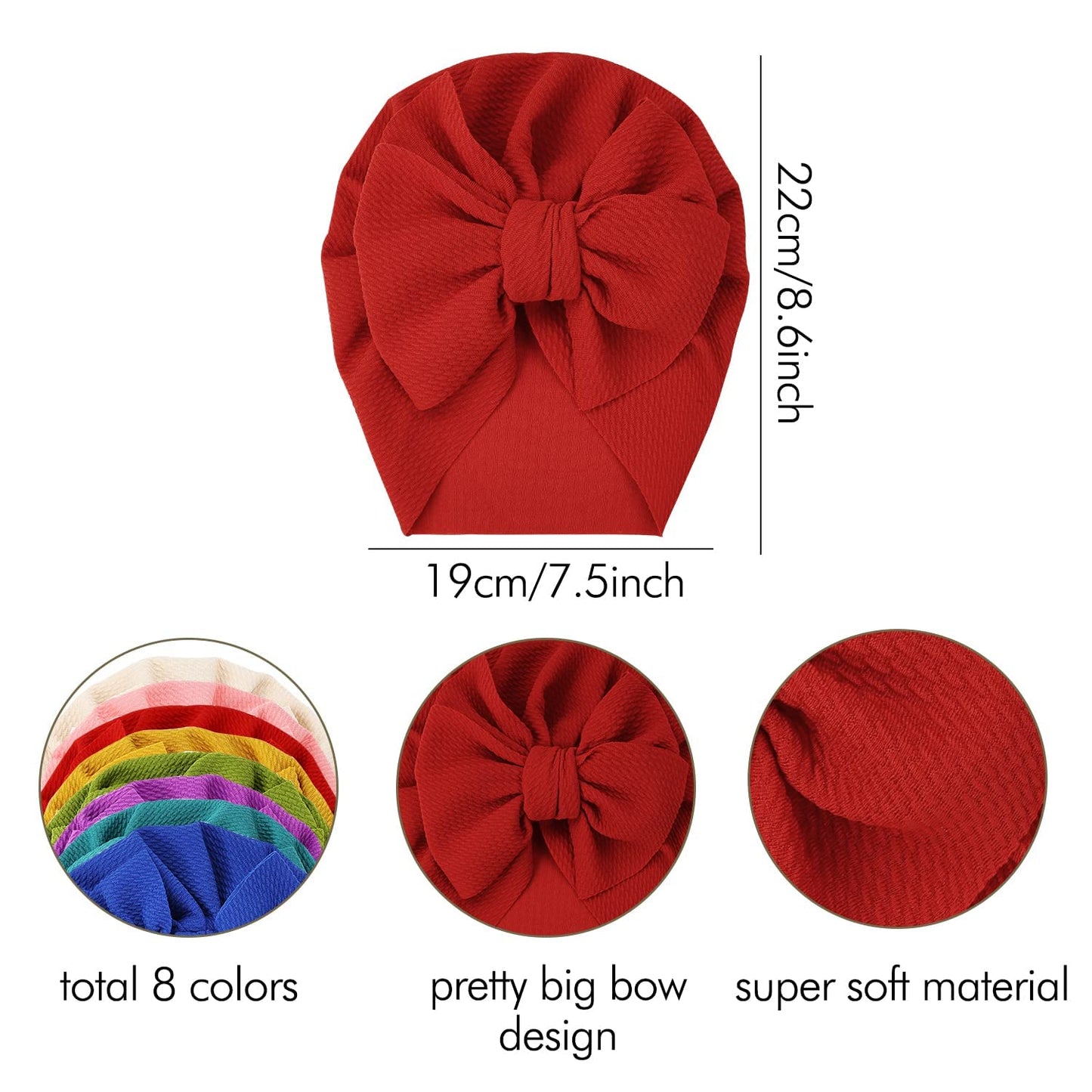 Angla 8 Pack Solid Large Knot Bowknot Hair Bow Beanie Turban Hat Cap India Muslim Islamic Headwrap Winter Hospital Nursery For N