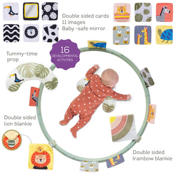 Taf Toys Tummy Time Set With Ergonomic Cushion, Double-Sided High Contrast Black & White Flash Cards & Mirror Card, Developmenta