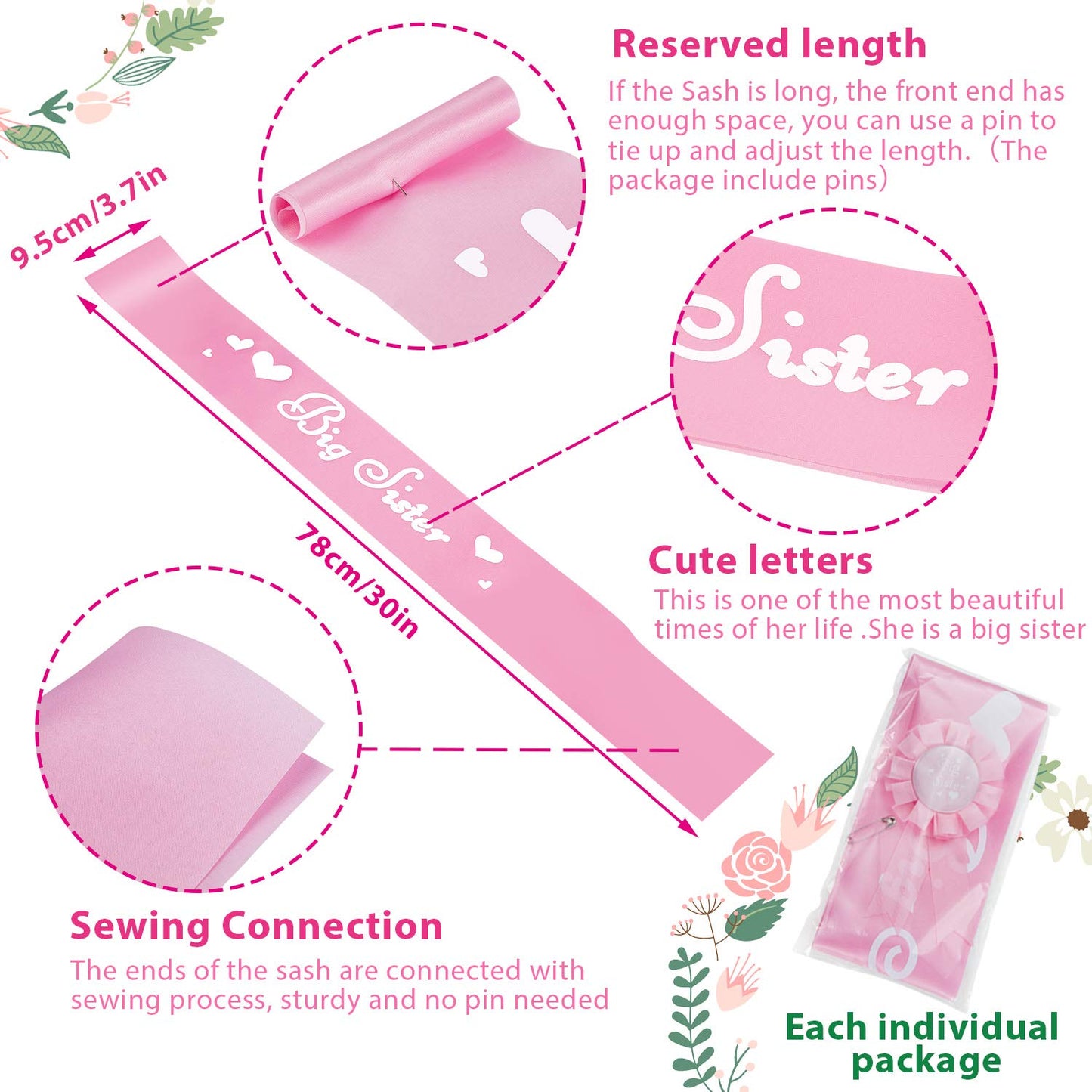 Willbond 3 Pcs Big Sister Accessory Set Big Sister Flower Crown Satin Sash Pin Big Sister Gifts For Baby Shower Party(Pink)