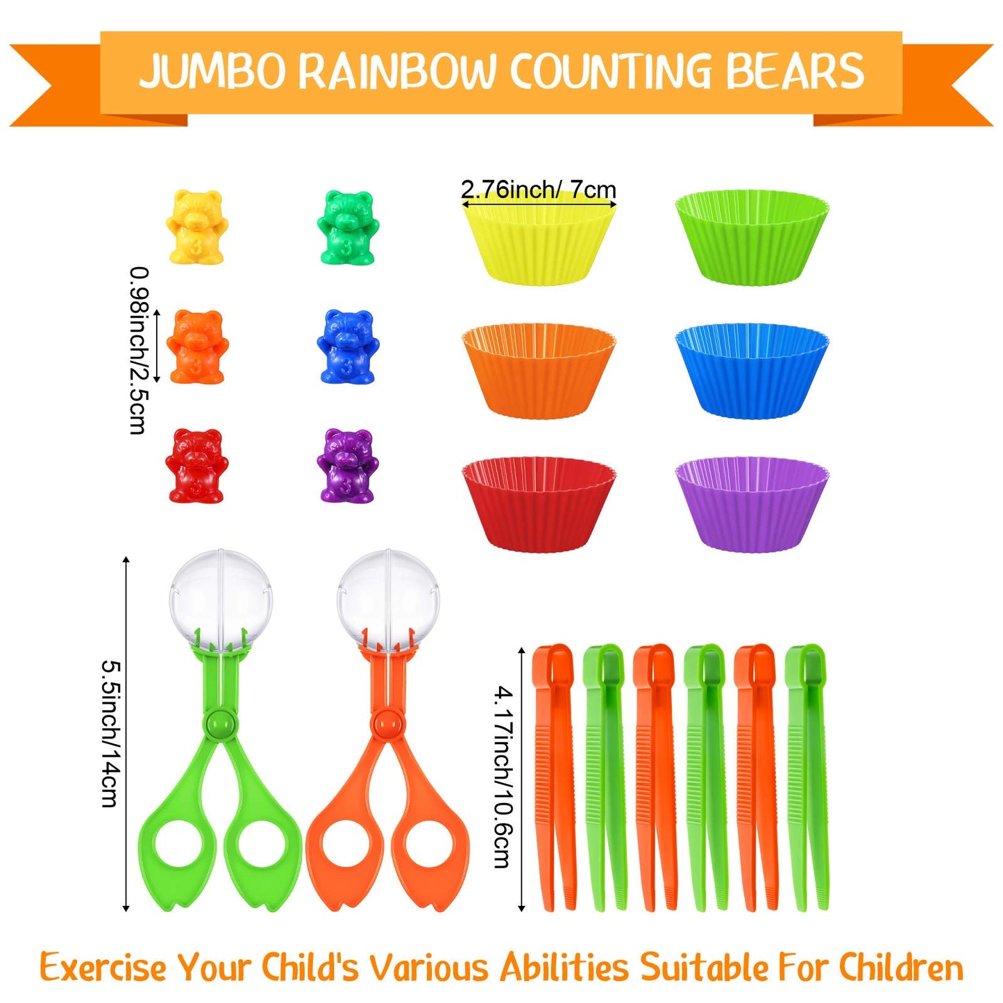 74 Pieces Counting Sorting Bears Fine Motor Skills Handy Scoopers Set Includes 60 Cute Rainbow Sorting Bears, 6 Jumbo Tweezers,
