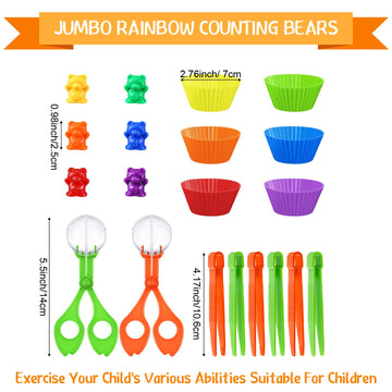 74 Pieces Counting Sorting Bears Fine Motor Skills Handy Scoopers Set Includes 60 Cute Rainbow Sorting Bears, 6 Jumbo Tweezers,