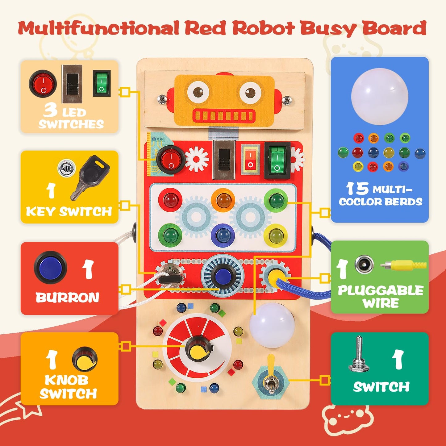 Asweets Montessori Wooden Busy Board Toy for Toddler, Red Robot Sensory Board with 8 LED Shape Light Switches, Travel & Gift Toy