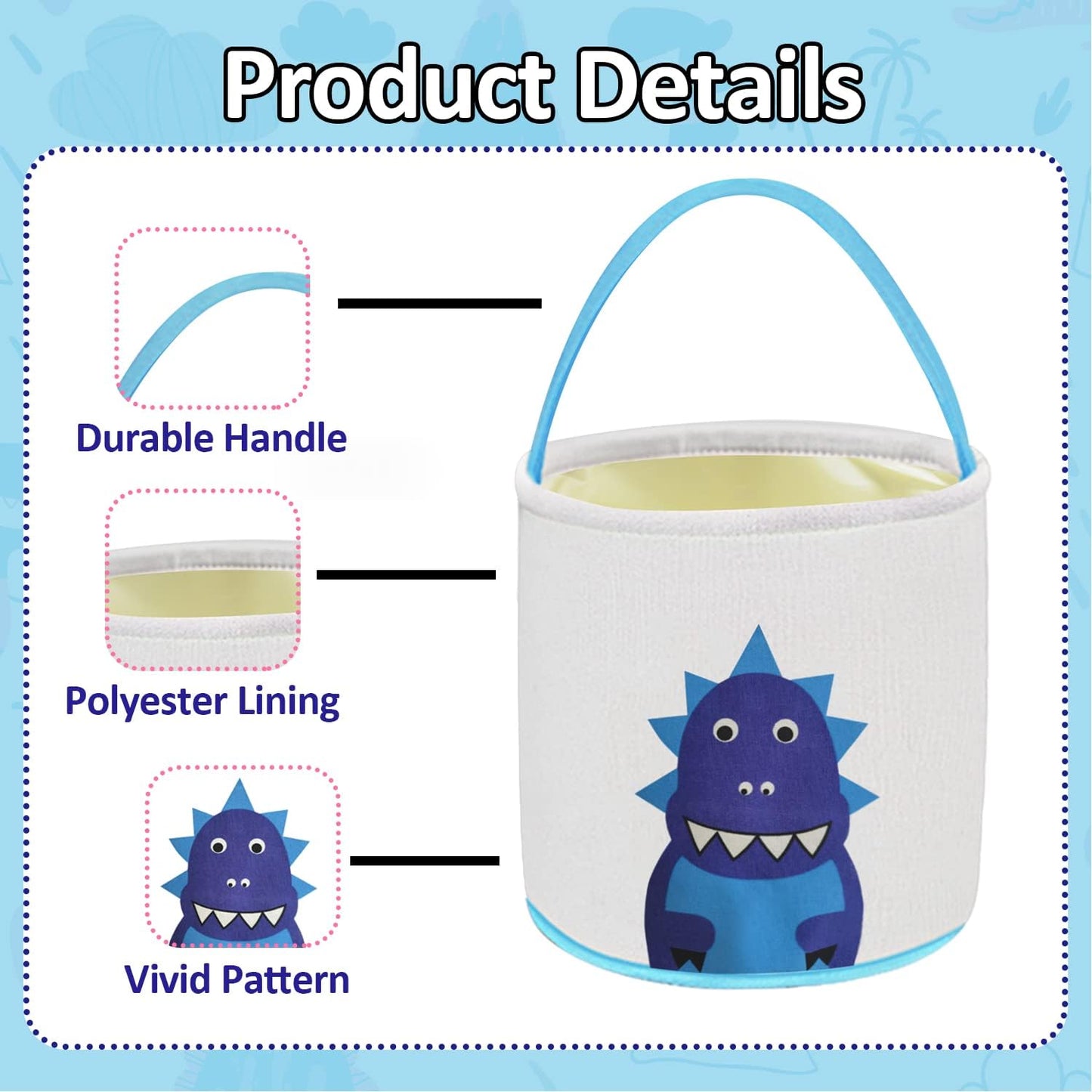 Leesgel Easter Baskets, Dinosaur Easter Basket For Kids, Easter Egg Hunt Basket With Handle Easter Buckets Easter Party Supplies