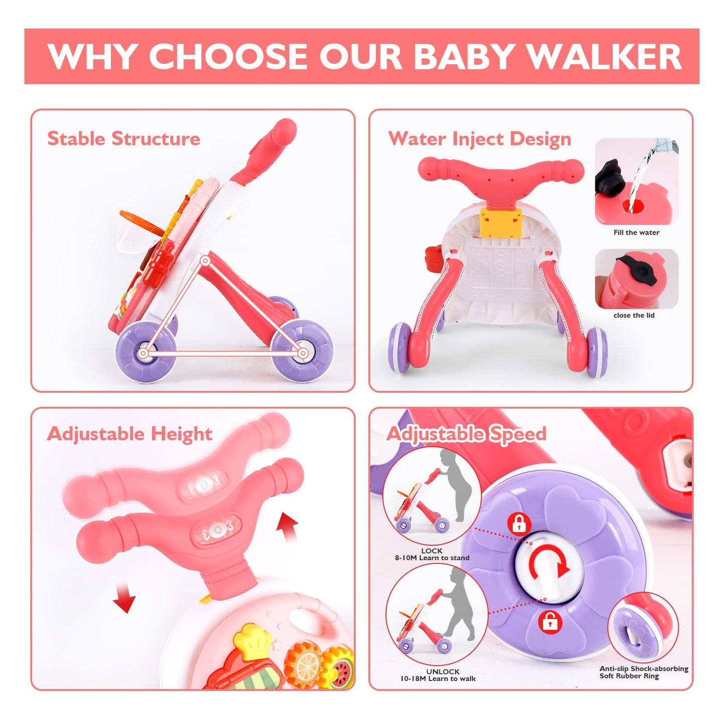 Eners Sit To Stand Baby Learning Walker With Wheels, 2 In 1 Baby Push Walkers And Activity Center For Baby Boy Girl (Pink)