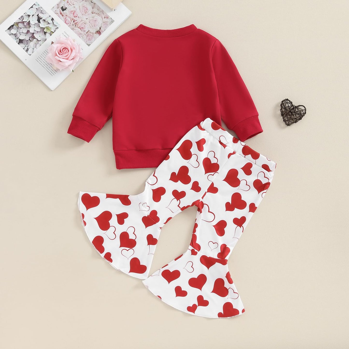 Iddolaka Toddler Baby Girls Valentines Day Outfits Long Sleeve Letter Sweatshirt Shirt Heart Flared Pants Spring Clothes (D-Red,