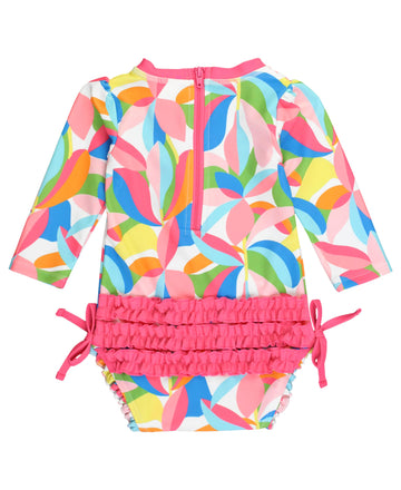 Rufflebutts Baby Girls Upf 50+ Sun Protection Novelty Print Long Sleeve One Piece Rash Guard Swimsuit With Zipper - Tropical Adv