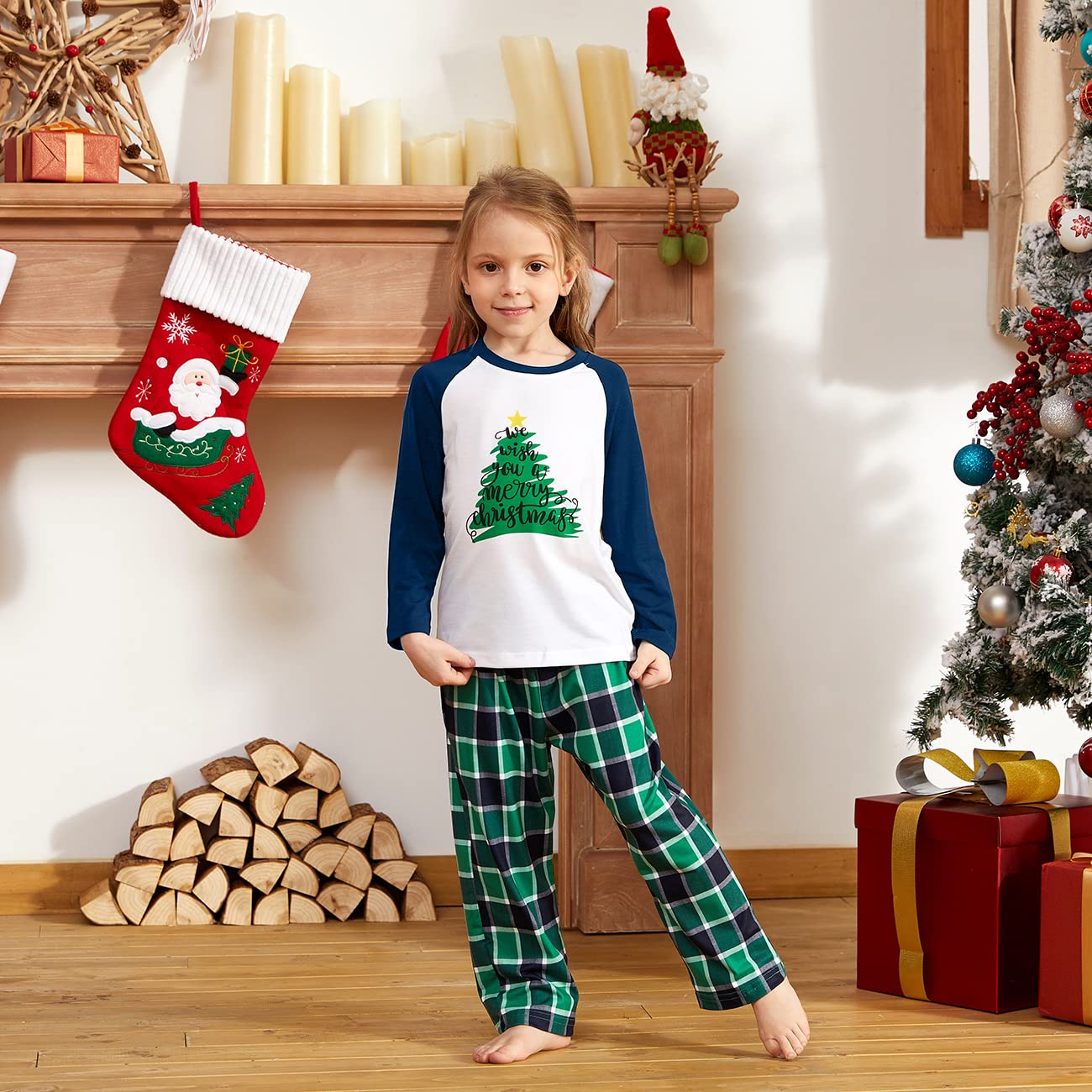 Iffei Family Christmas Pajamas Matching Sets Tree Printed Shirt And Plaid Pants Jammies With Pockets 4-5 Years