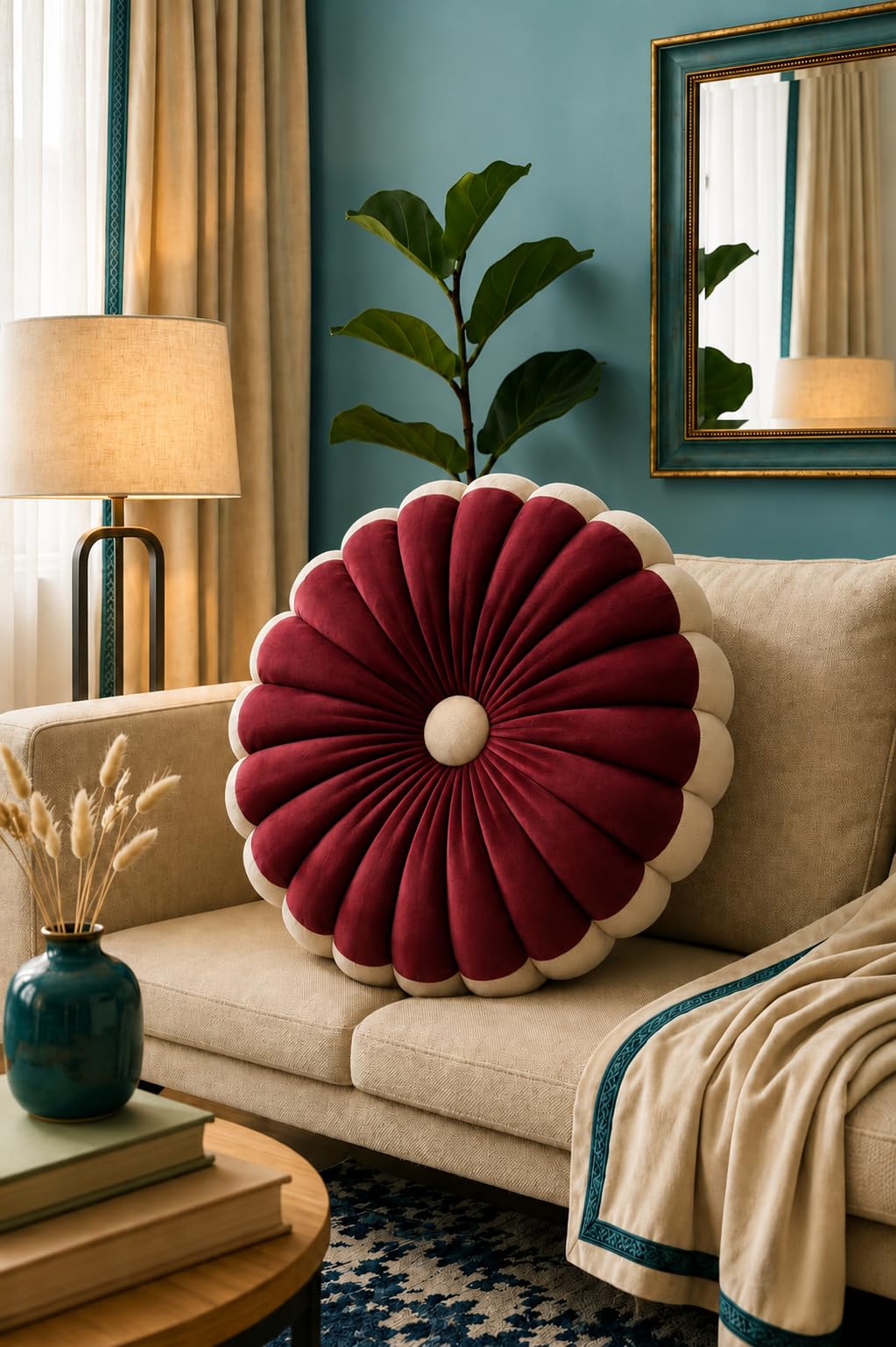 Urban Wash Care Soft Velvet Round Cushion 14 x 14 Inch | Pleated Radial Pattern Decorative Cushion for Sofa Chair Bedroom Living
