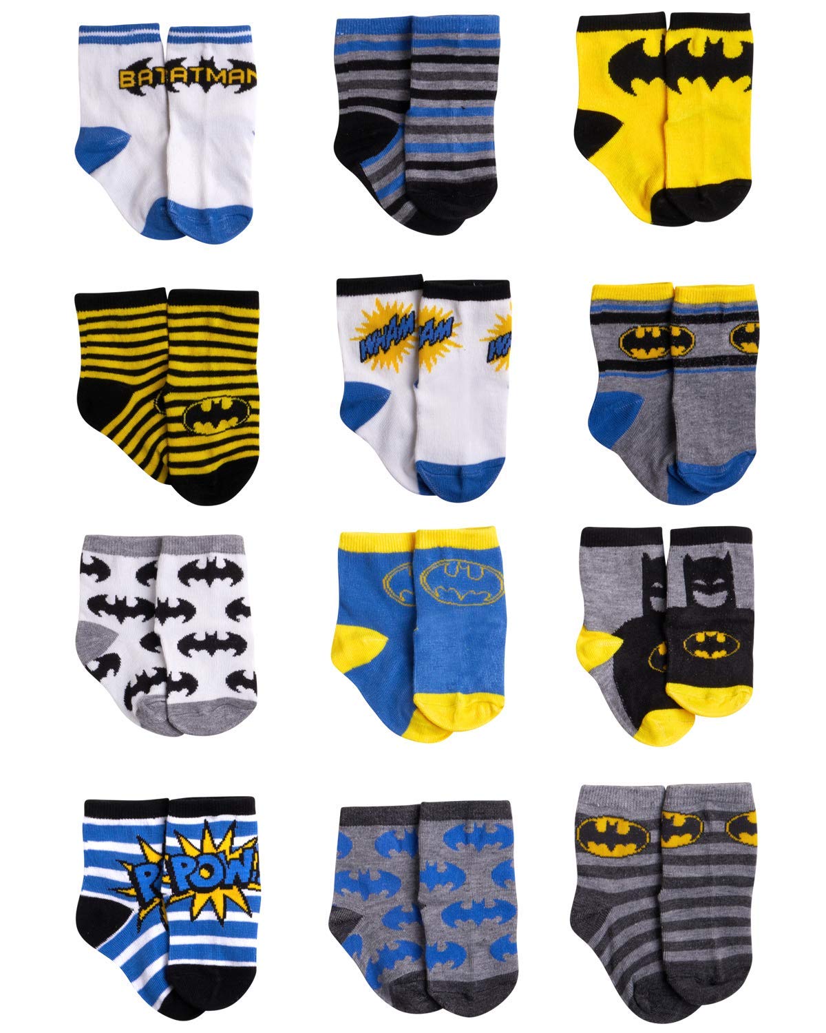 Dc Comics Baby Boys/Girls 12 Pack Socks: Batman, Wonder Woman, Superman, Justice League, Super Girl, Size Age 6-12M, Blue/Yellow