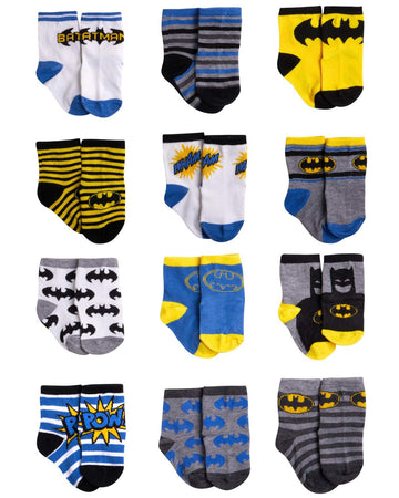 Dc Comics Baby Boys/Girls 12 Pack Socks: Batman, Wonder Woman, Superman, Justice League, Super Girl, Size Age 6-12M, Blue/Yellow