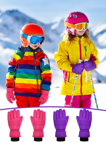 Boao 2 Pairs Kids Winter Ski Gloves Waterproof Warm Snow Mittens Full Finger Gloves For Toddlers Infants (Violet, Rose Red, 1-3