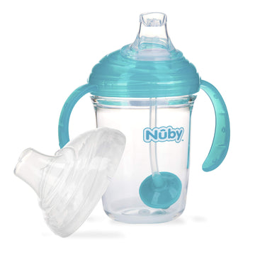 Nuby No Spill 360 Weighted Straw Grip N' Sip Tritan Cup With Hygienic Cover, 8 Oz, Trainer Cup, Teal