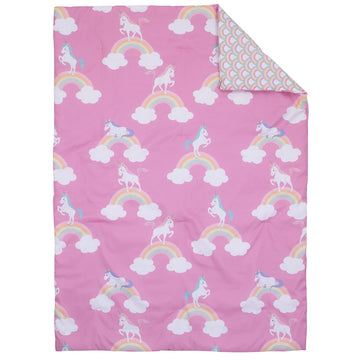 Everything Kids Rainbow Unicorn Pink, White And Rainbows 4 Piece Toddler Bed Set - Comforter, Fitted Bottom Sheet, Flat Top Shee