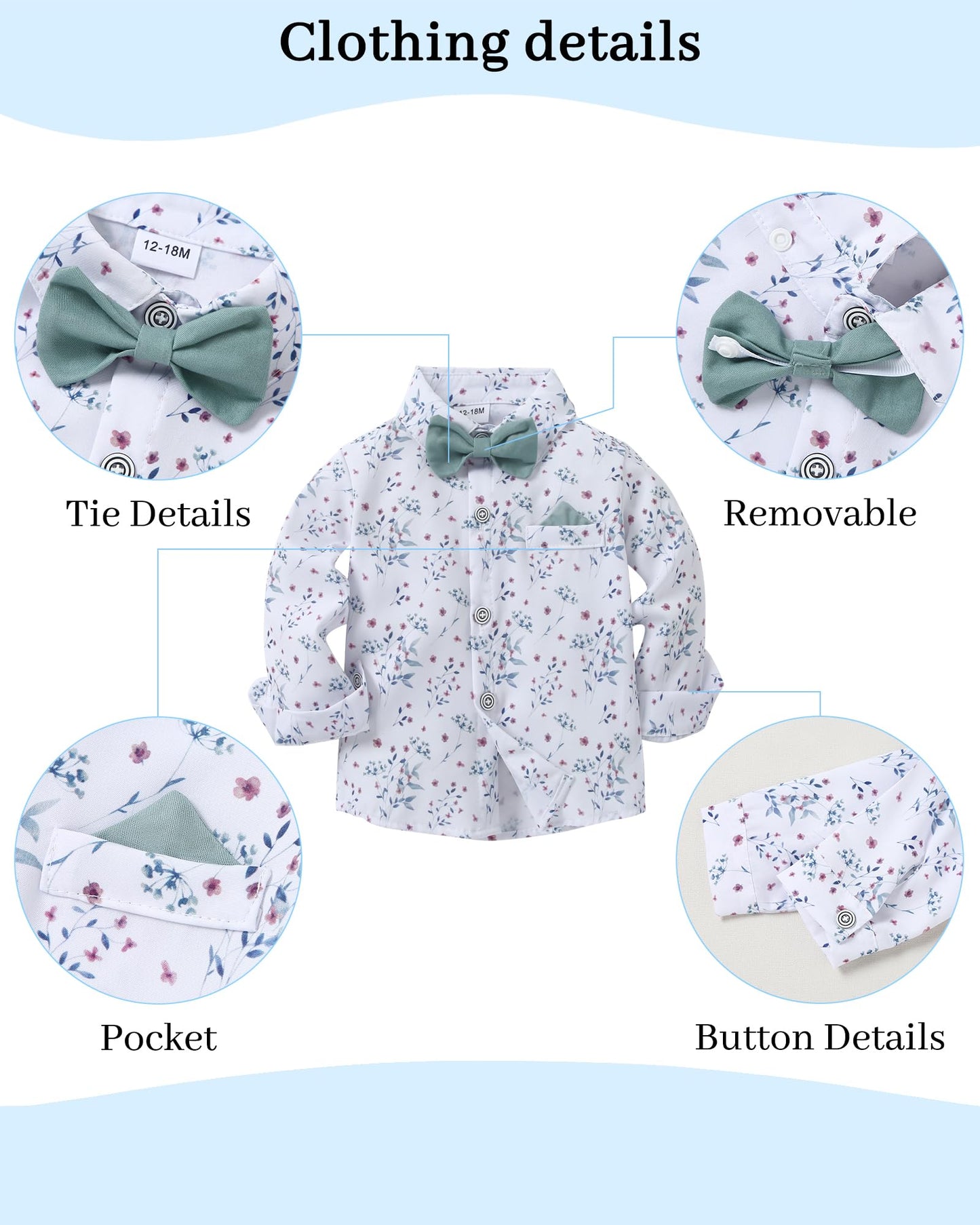 Disaur Toddler Boy Wedding Guest Outfit Short Sleeve White Flower Dress Shirt Bow Tie Suspender Green Pants Baby Formal Outfit B