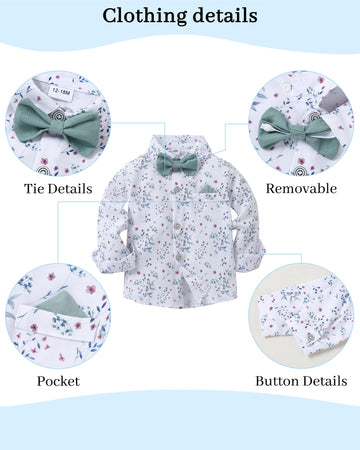 Disaur Toddler Boy Wedding Guest Outfit Short Sleeve White Flower Dress Shirt Bow Tie Suspender Green Pants Baby Formal Outfit B
