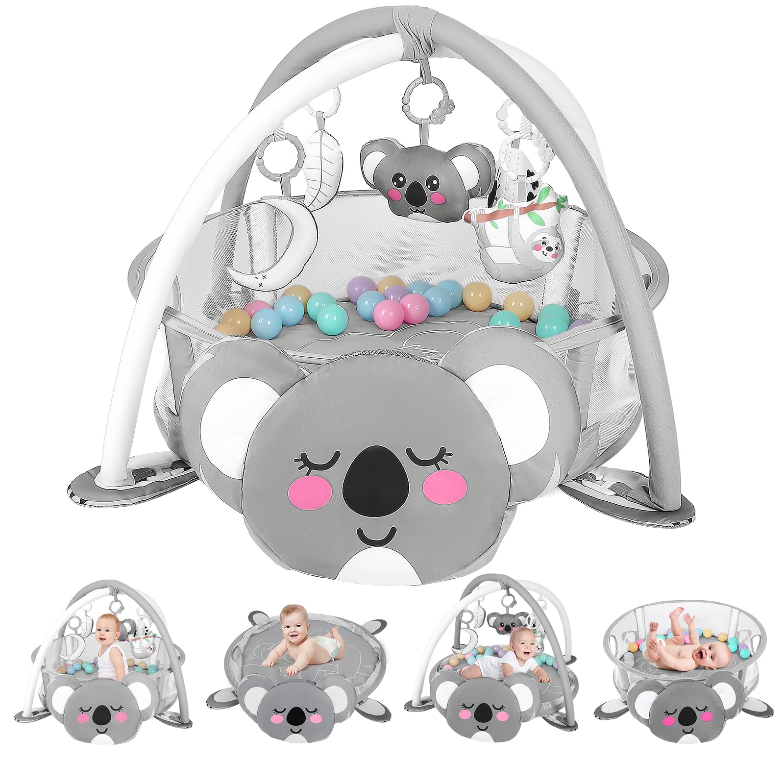 dearlomum 4-in-1 Baby Play Mat Baby Gym,Tummy Time Mat for Floor Activity Gym Ball Pit Including 30 Balls with 5 Infant Learning