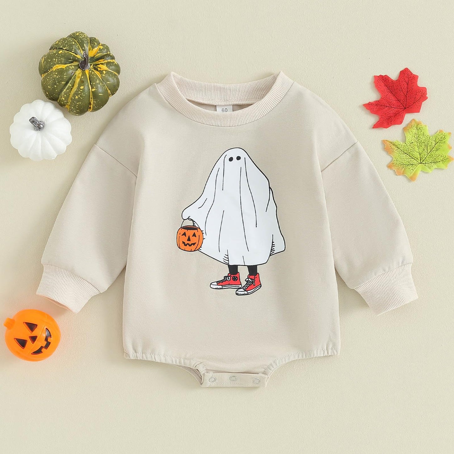 Focusnorm Halloween Newborn Baby Girl Outfit Toddler Ghost Pumpkin Sweatshirt Romper Long Sleeve Romper Infant Fall Clothes (Kha