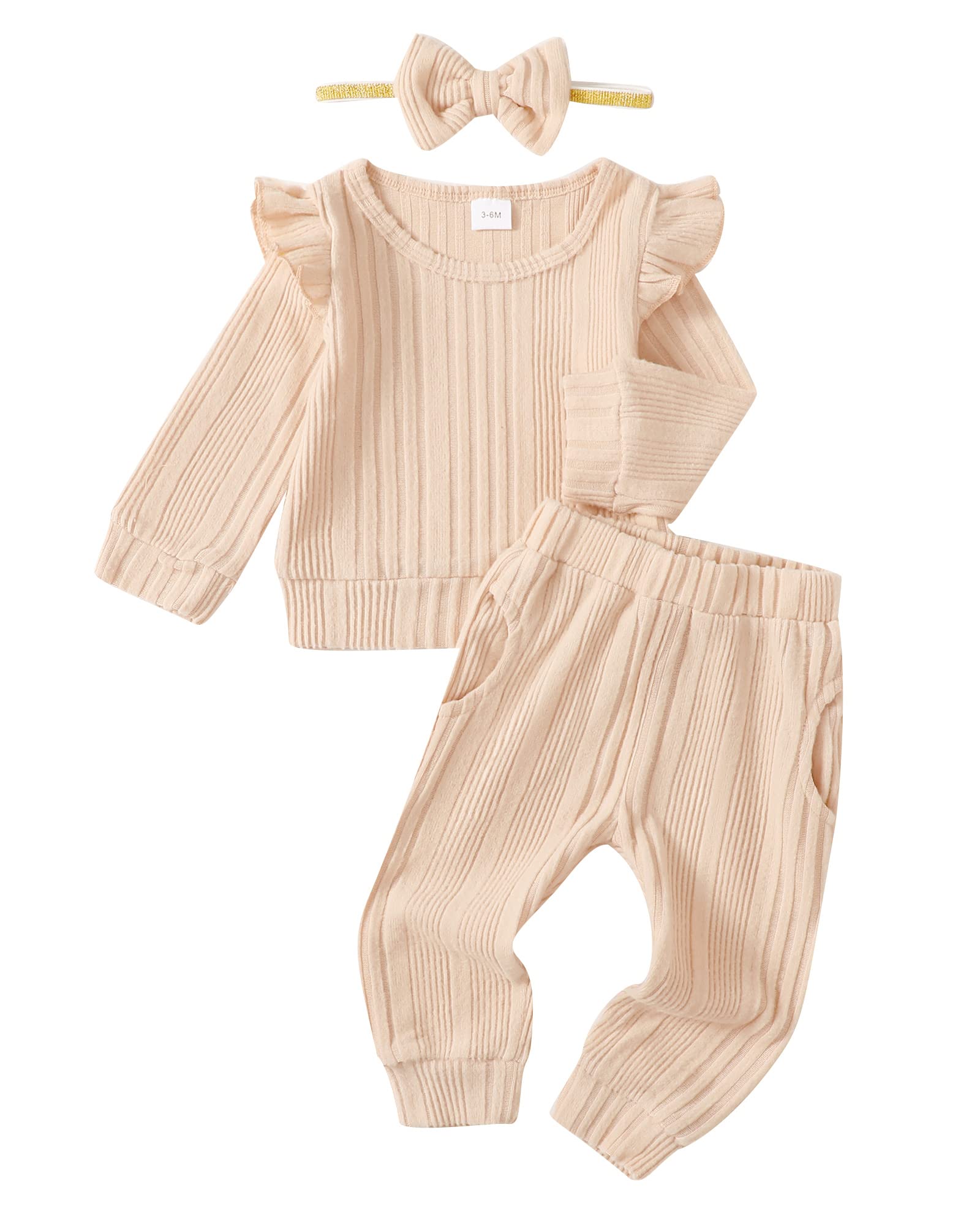Mioglrie Baby Girl Clothes 12-18 Month Fall Winter Outfits Infant Sweatsuit Newborn Sweatshirt Fleece Ruffle Beige Sweat Pant Se