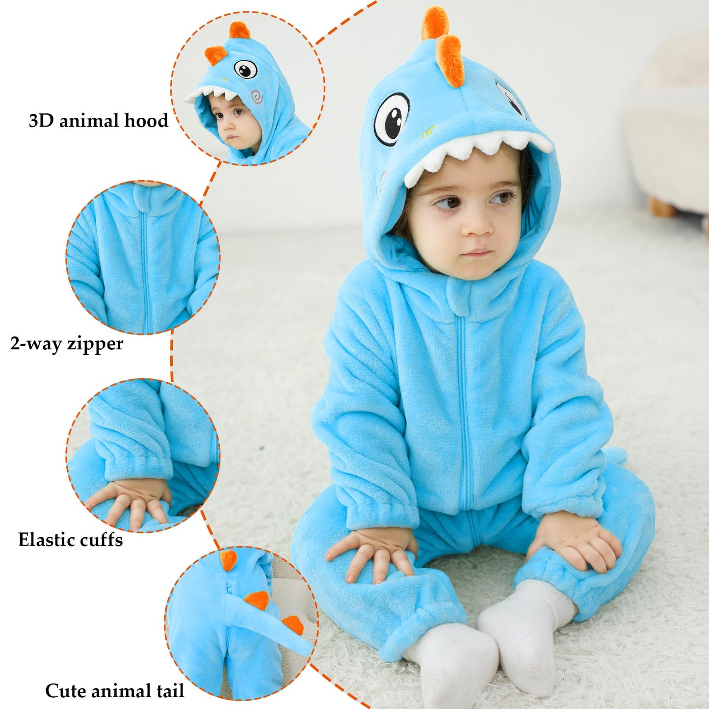 Tonwhar Baby Boy'S Girl'S Animal Bodysuit Infant And Toddler'S Romper Jumpsuit Halloween Costume Partywear(18-24M,Blue Dino)