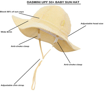 Dasmini Baby&Toddler Stripe Wide Brim Sun Hats Upf 50+ Sun Protection Beach Bucket Cap Cute Adjustable Hat (Yellow Checkered, 0-