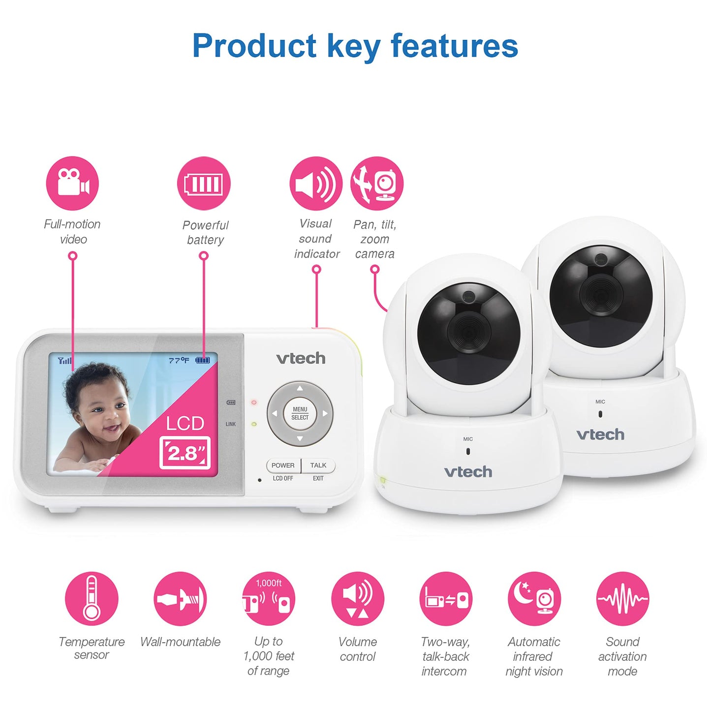 Vtech Vm923-2 Baby Monitor, 2.8   Screen, 1000Ft Range, Pan-Tilt-Zoom, Night Vision, 2-Way Audio, Temperature Sensor, Lullabies,
