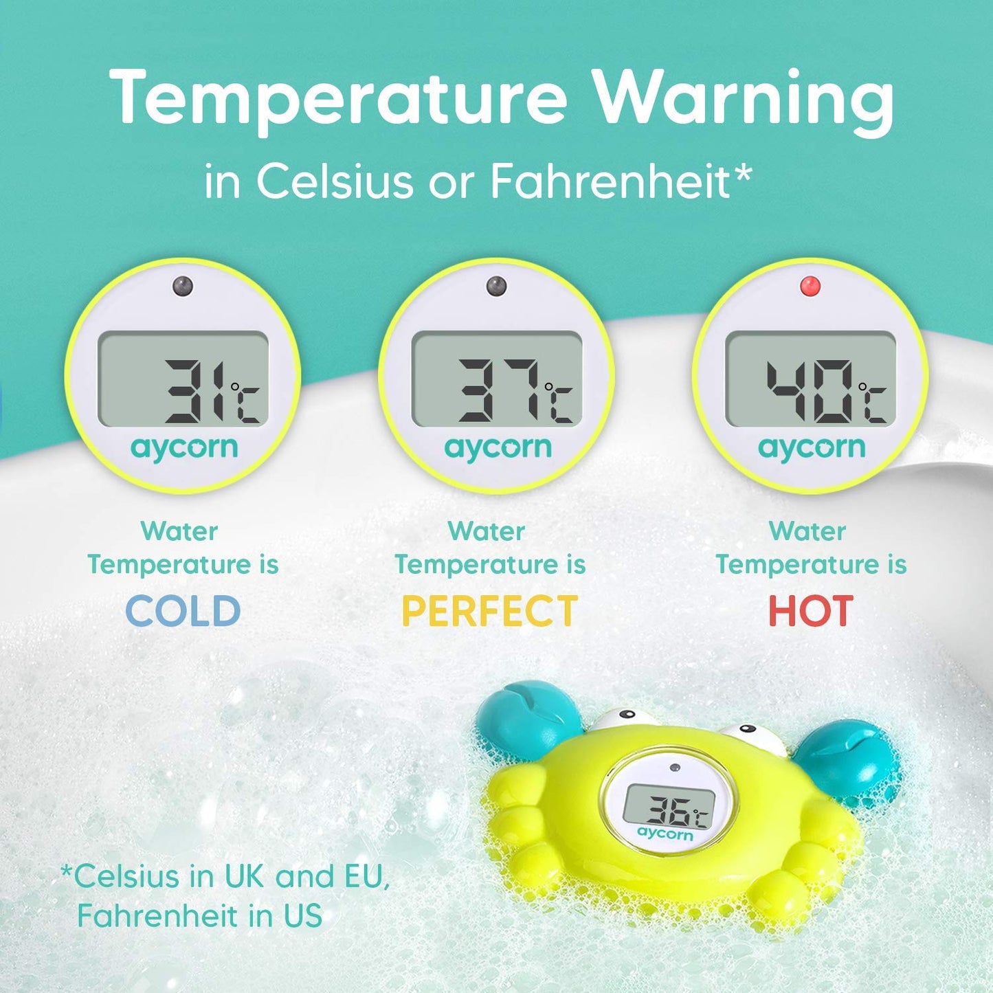 Aycorn Digital Baby Bath & Room Thermometer - Fahrenheit with LED Display & Temperature Warning - Infant Baby Bath Toys Floating