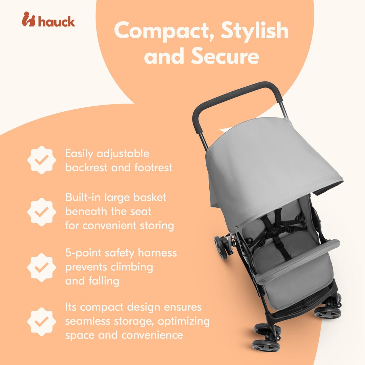 Hauck Lightweight And Compact Travel Baby/Toddler Foldable Stroller, Sport, Grey