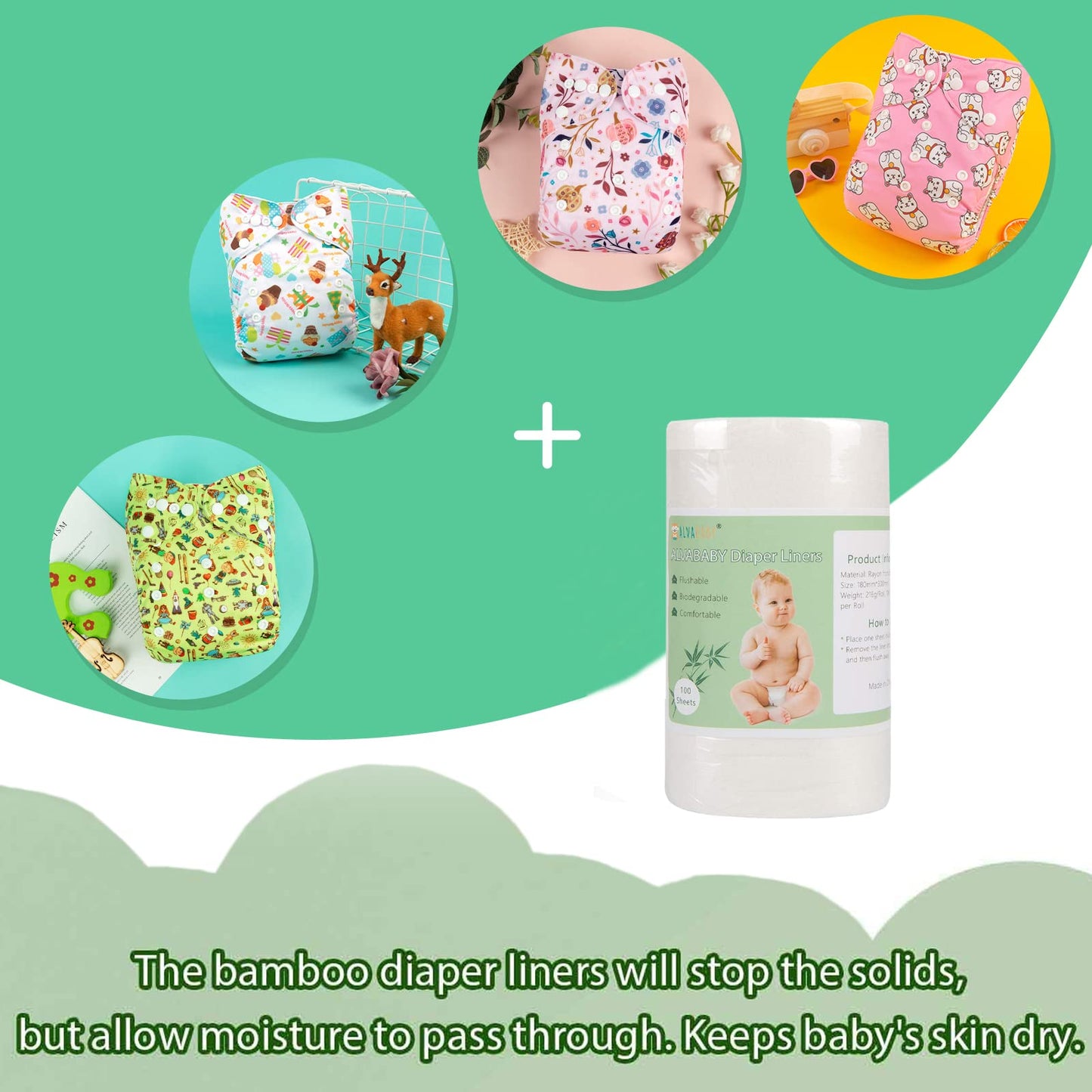 ALVABABY Diaper Liner for Baby Cloth Diaper Disposable Natural Soft Diapers Liners Fragrance Free Chlorine Free 11.8 x 7.1 Inch