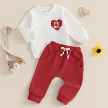 Baby Boy Valentines Day Outfit Letter Print Crewneck Sweatshirt Tops Pants Cute Valentines Day Baby Boy Outfit Clothes (A-White
