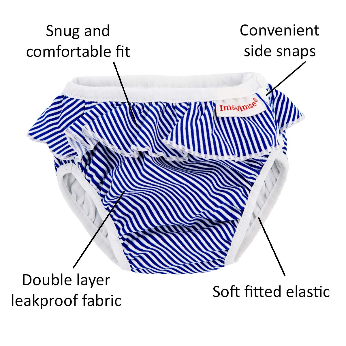 Imse Vimse Reusable Swim Diaper For Baby And Toddler Girls With Ruffle And Snaps (White Blue Stripe, S 13-17 Lbs)